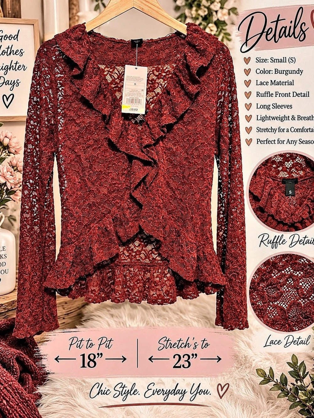 Wild Fable Lace Ruffle Blouse Red Small